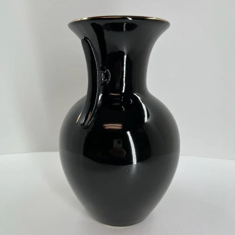 Vintage Japanese Black Floral Vase Calla Lily Vase Gold Trim Dual Handle Decor